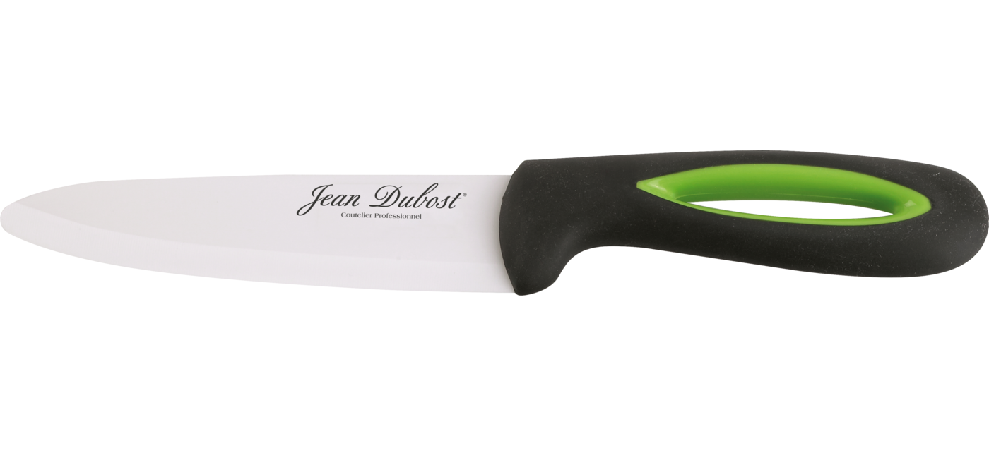 Couteau chef lame ceramique manche bimatiere noir et vert gamme Stratos Jean Dubost 