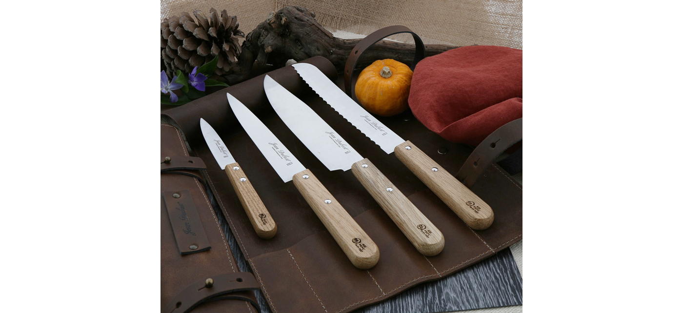 Couteaux de cuisine Jean Dubost gamme tradition manches ecoresponsables en chene certifie PEFC trousse cuir