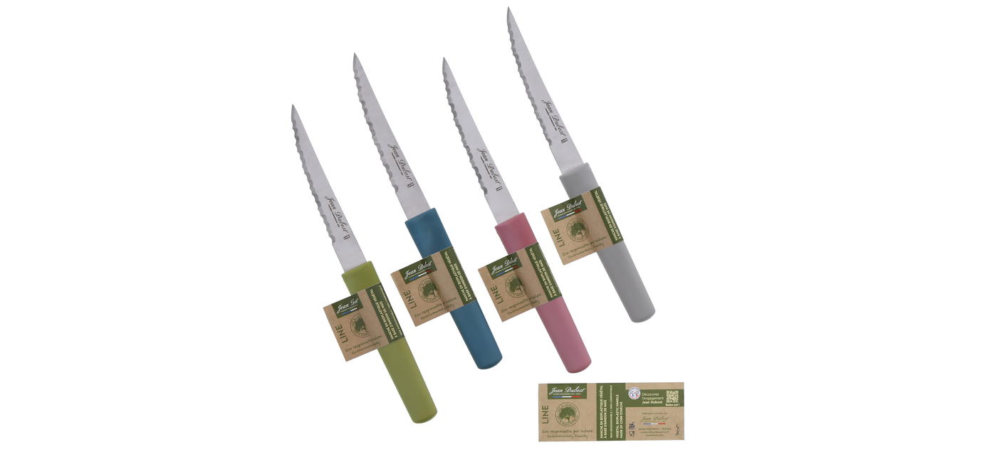 Jean Dubost 6 Steak Knives Pink Handles in Block