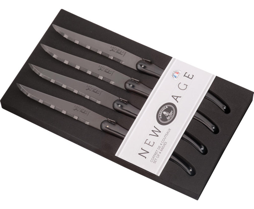 Laguiole Jean Dubost 6 Steak Knives with White Handles in Black Tray