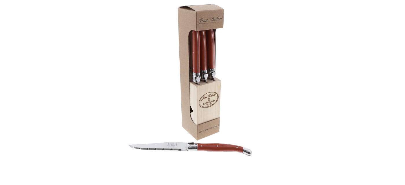 Jean Dubost 6 Steak Knives Red Handles in Block