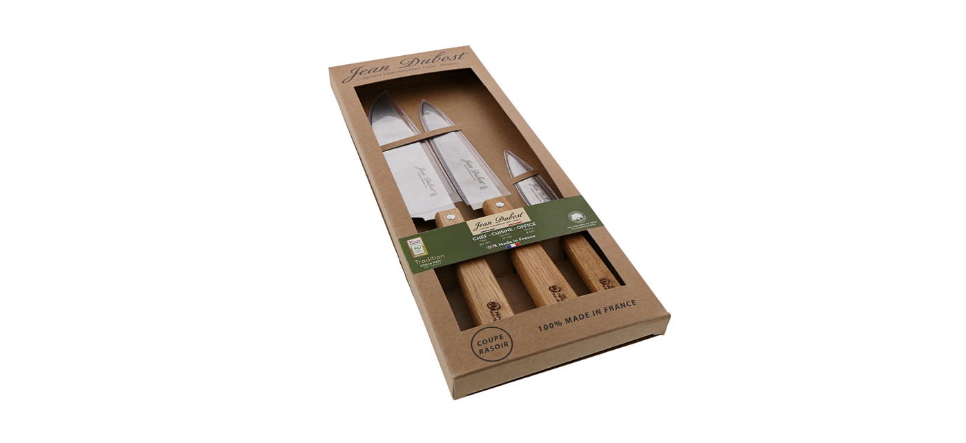 Coffret couteaux de cuisine Jean Dubost gamme tradition manches en chêne certifie PEFC boite carton kraft recyclé GM