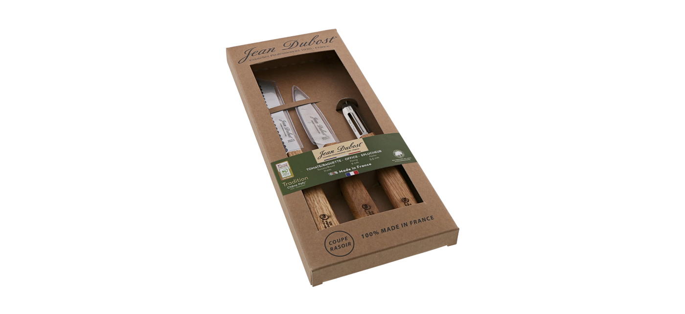 Coffret couteaux de cuisine Jean Dubost gamme tradition manches en chêne certifie PEFC boite carton kraft recyclé PM