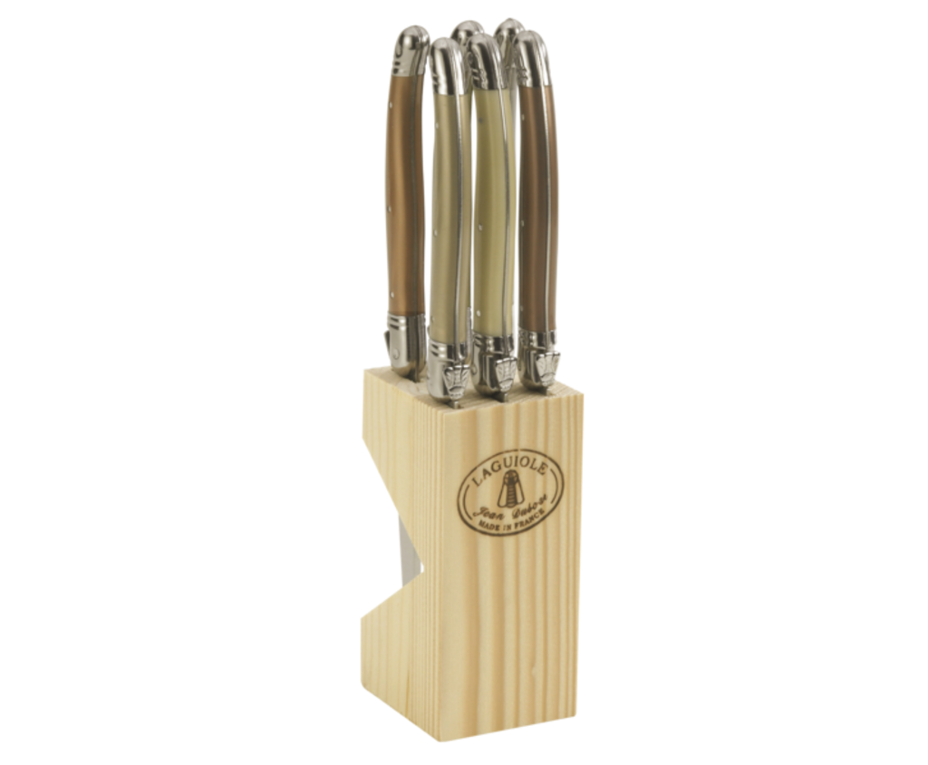 Jean Dubost 6 Stainless Steel Steak Knives in A Wooden Block