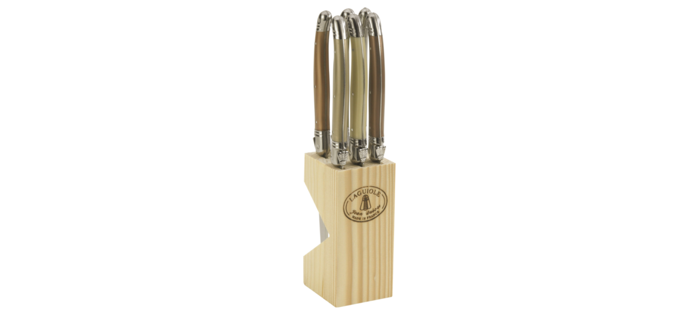 Jean Dubost 6 Stainless Steel Steak Knives in A Wooden Block