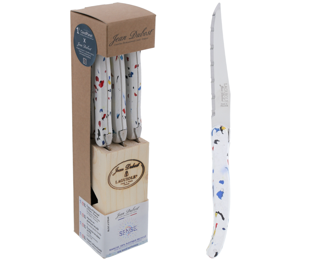 Jean Dubost 6 Eco-Friendly Steak Knives Blue Handles in Block