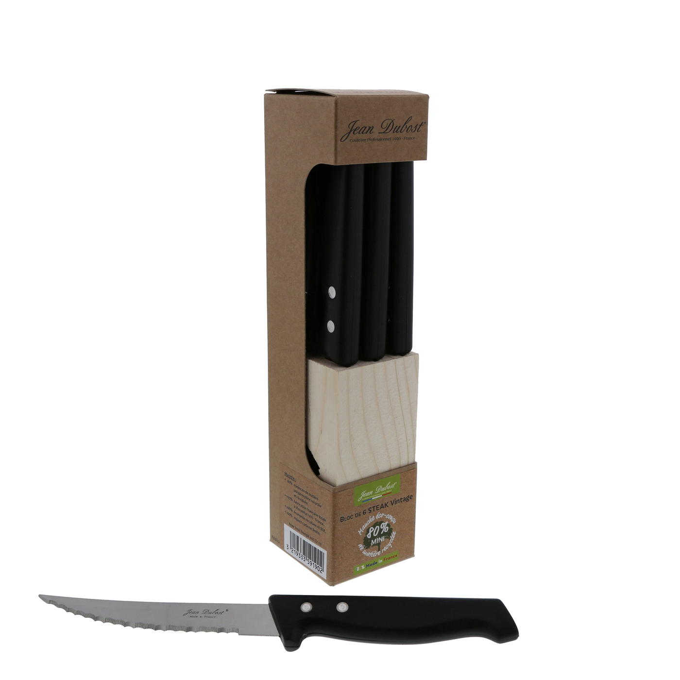 Jean Dubost 6 Eco-Friendly Steak Knives Blue Handles in Block