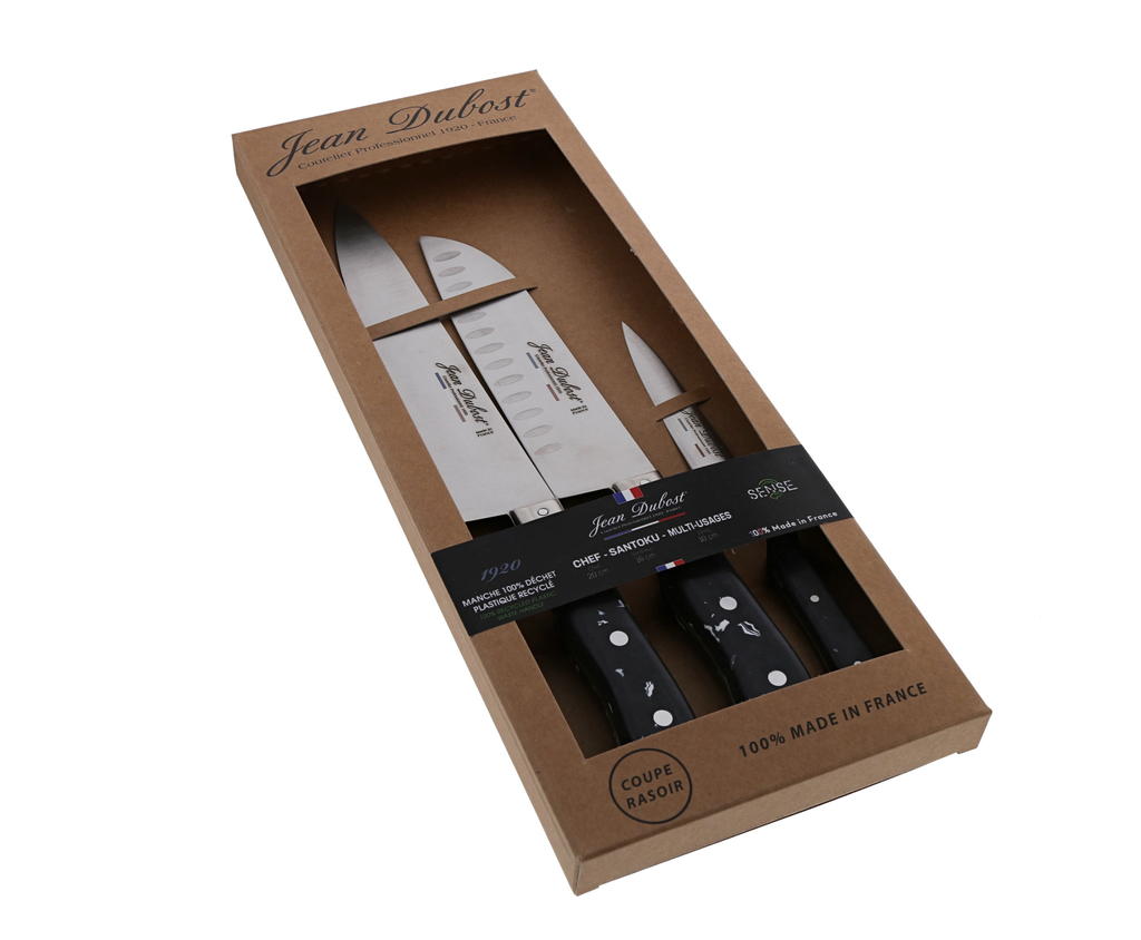 Jean Dubost  coffret 3 couteaux de cuisine gamme 1920 manche ecoconcu Sense black made in France