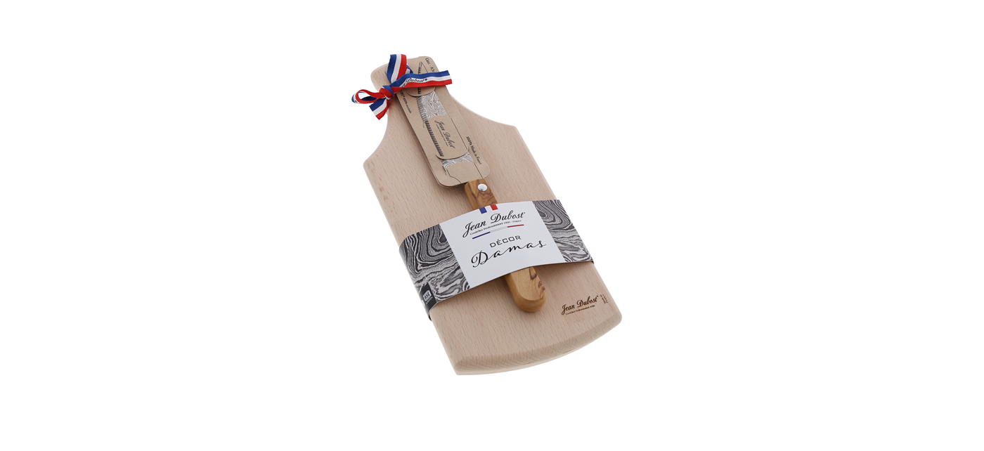 Jean Dubost planchette et couteaux tradition lame grill décor Damas, manche olivier, made in France