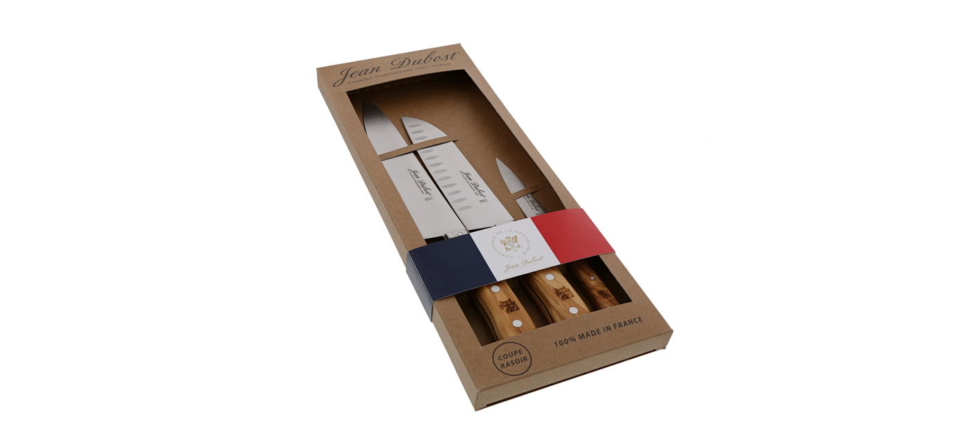 Elysée X Jean Dubost coffret 3 couteaux de cuisine gamme 1920 manche en bois d'olivier, made in France