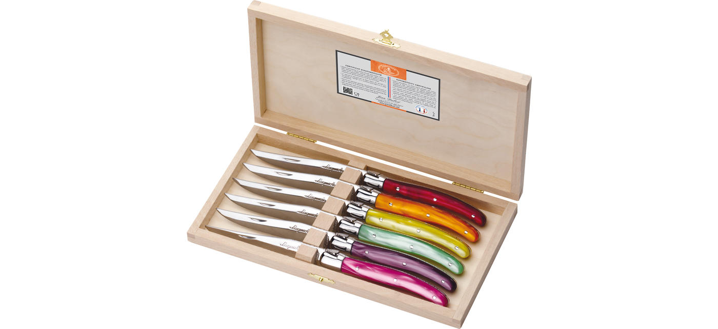 Coffret 6 couteaux Jean Dubost Laguiole manches acrylique coloris fruités made in France