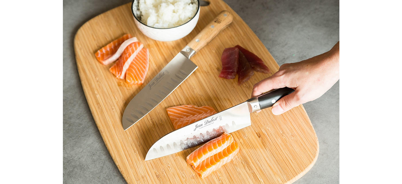 Couteau santoku Jean Dubost France, trancher des sushis