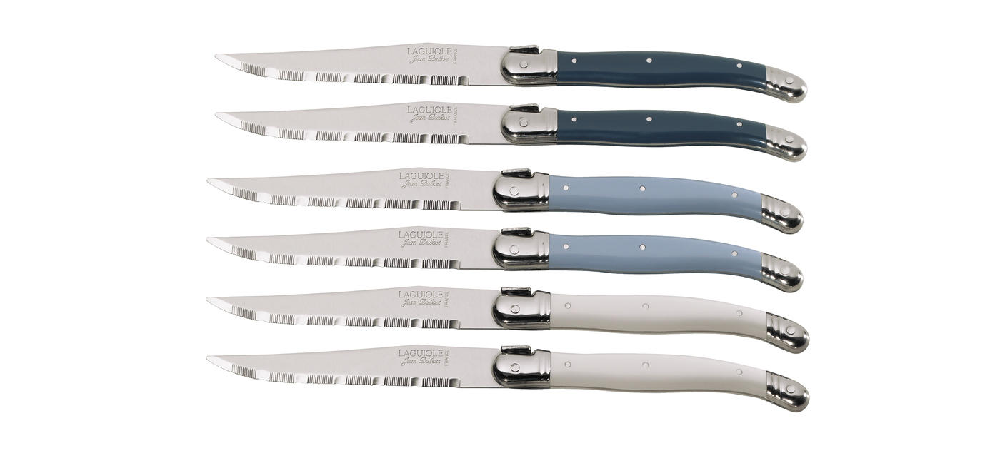 Jean Dubost 6 Steak Knives Pink Handles in Block