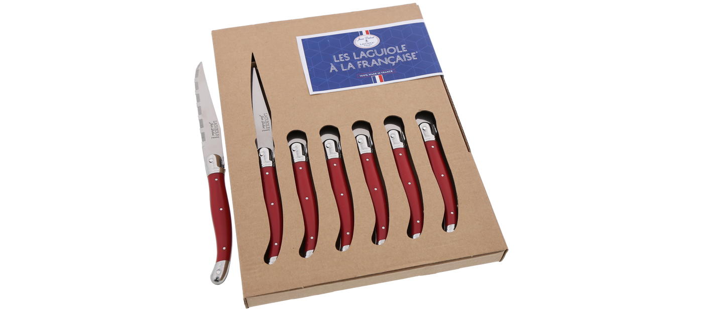 Jean Dubost 6 Steak Knives Red Handles in Block